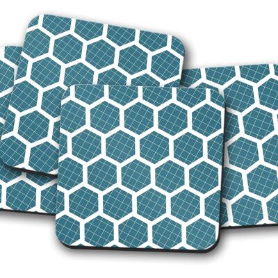 Blue Coasters with a White Hexagon Design, Table Decor Drinks Mat