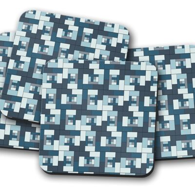 Blue Geometric Bricks Design Coasters, Table Decor Drinks Mat