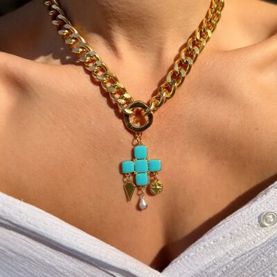 Turquoise Enamel Cross Pendant, Turquoise Necklace, Summer Necklace, Handamde Cross Jewelry, Dainty Necklace, Gift for Her, Made in Greece.