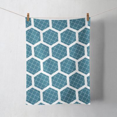 Blue Tea Towel with White Hexagon Design, Dish Towel, Kitchen Towel