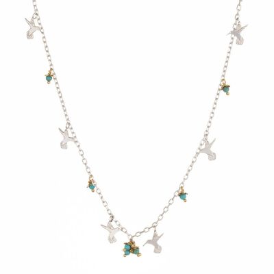Mini Hummingbird And Flowers Charm Necklace
