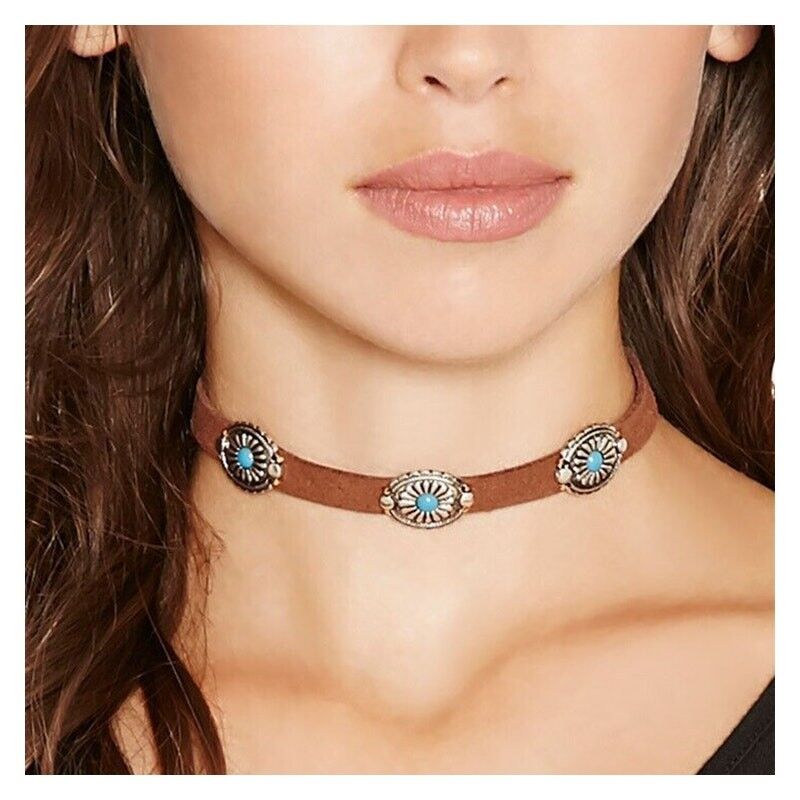 Tour de Cou Turquoise Plaque Fleur Métal Bohème