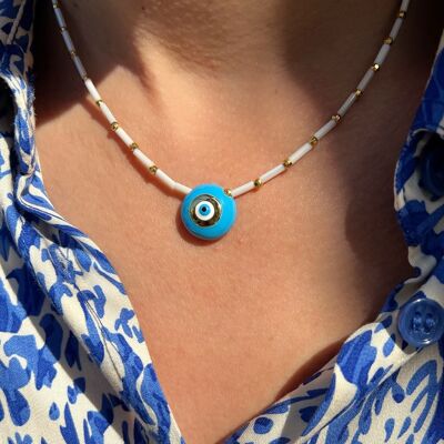 Blue Evil Eye Necklace, Round Evil Eye Pendant, Summer Necklace, Protection Necklace, Evil Eye Jewelry, Gift for Her, Made in Greece.