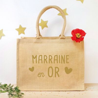 Grand panier en jute - "Marraine en OR"