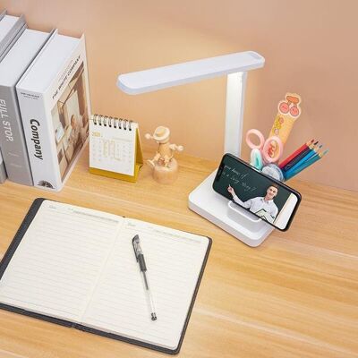 Lámpara de escritorio LED, carga USB, portalápices, plegable, soporte para teléfono móvil, batería recargable de 1200mah