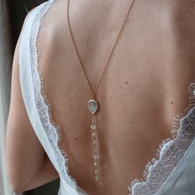 Wedding back necklace- celadon green beaded chain- boho bridal backless necklace.