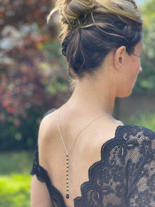 Collier de dos nu mariage- bijou de dos noir et argenté- robe dos ouvert-bijou de dos mariée- soirée- cocktail- chaîne perlée noire.