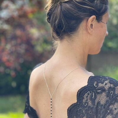 Halskette mit freiem Rücken für die Hochzeit - Schmuckstück mit schwarzem und silbernem Rücken - Kleid mit offenem Rücken - Brautjuwel mit Rückenausschnitt - Abend - Cocktail - schwarze Perlenkette.