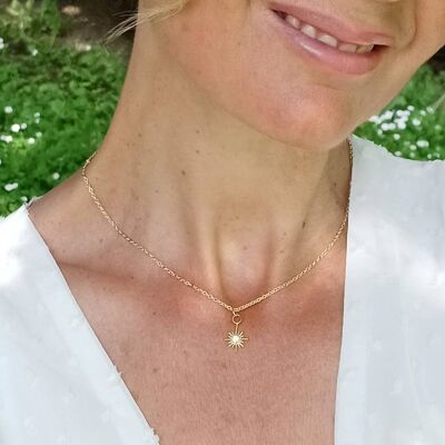 Golden bridal necklace with star pendant- shiny zircon- minimalist jewelry.