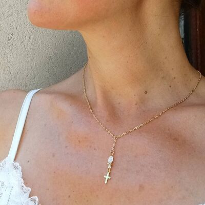 Bridal necklace small golden rosary with mother-of-pearl pearl- minimalist religious jewel.