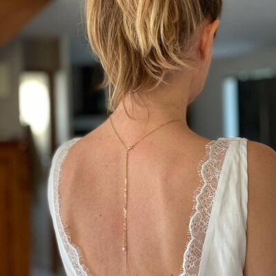 Bridal back necklace, thin golden brass chain and small Swarovski pearly glass beads, white color.