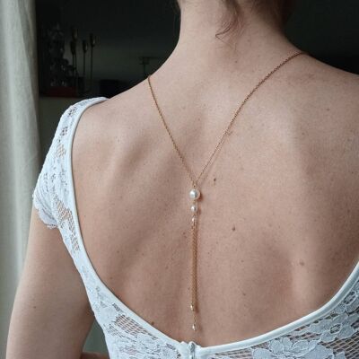 Thin gold bare back necklace with white pearly pearls - wedding bare back jewelry.