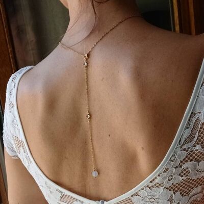 Bridal back necklace - Aquamarine stone jewel - gold and sky blue - chain set with sky blue zirconia - precious wedding jewelry.