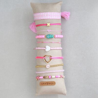 Cuscino espositivo con 10 braccialetti rosa