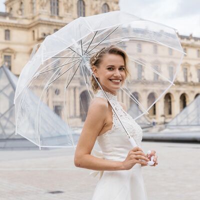 Großer transparenter Regenschirm mit weißem Rand – Hochzeit