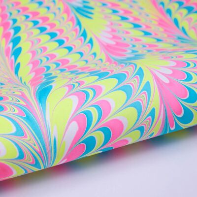 Hand Marbled Gift Wrap Sheet - Peacock Neon