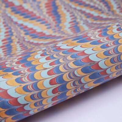 Hand Marbled Gift Wrap Sheet - Scallops Crimson/Blue/gold