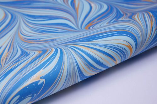 Hand Marbled Gift Wrap Sheet - Fountain Waves Blue Gold