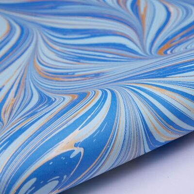 Hand Marbled Gift Wrap Sheet - Fountain Waves Blue Gold