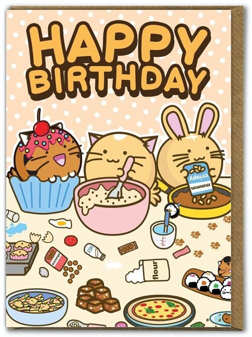 Funny Kuwaii Birthday Card - Happy Birthday Cake