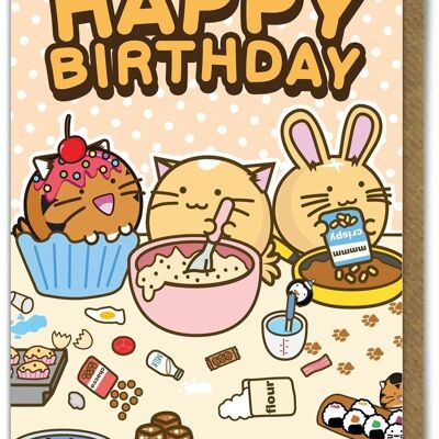 Tarjeta de cumpleaños divertida de Kuwaii - Pastel de feliz cumpleaños