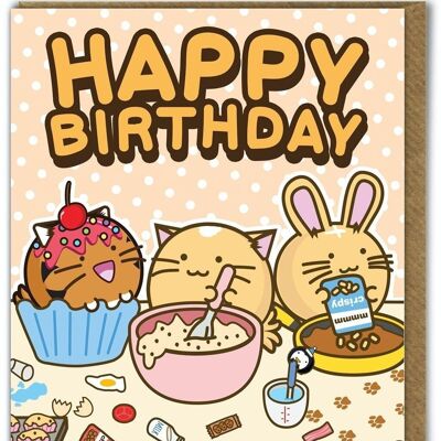 Tarjeta de cumpleaños divertida de Kuwaii - Pastel de feliz cumpleaños
