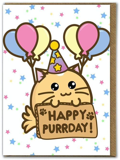 Funny Kuwaii Birthday Card - Happy Purr Day