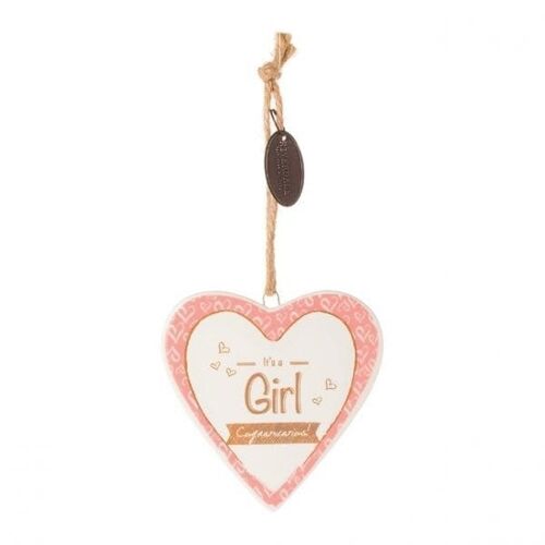 Pink ceramic Riverdale 'It's a girl' heart shaped hangers 9cm