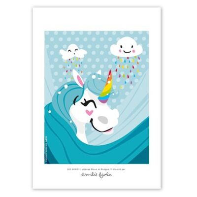 Poster decorativo per bambini, formato A4, unicorno blu/nuvola