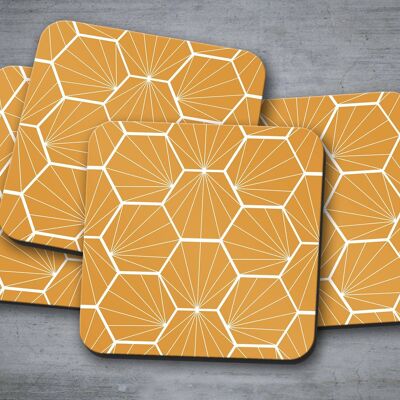 Butterscotch Coasters with a White Hexagon Design, Table Decor Drinks Mat