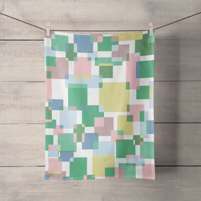 Colour Block Tea Towel in Green, Pink and Lemon Squares Design, Dish Towel, Kitchen Towel