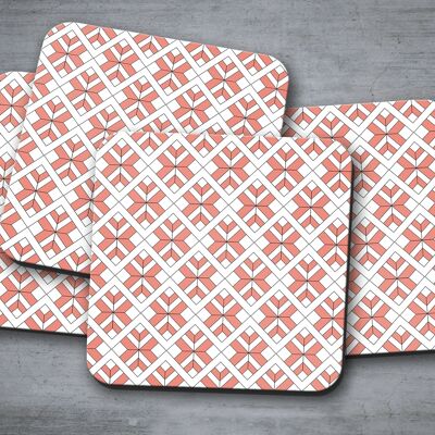 Coral and White Geometric Design Coasters, Table Decor Drinks Mat