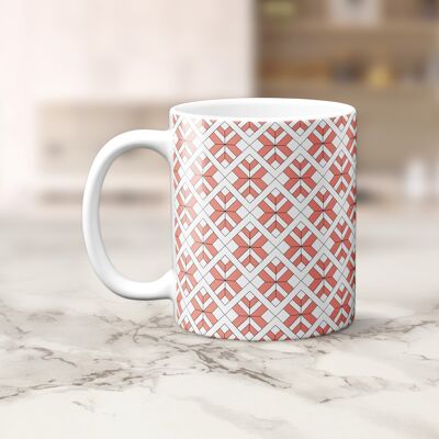 Tasse, tasse à thé ou à café à motif géométrique corail et blanc