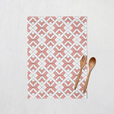 Coral and White Tea Towel with a Geometric Design, Dish Towel, Kitchen Towel