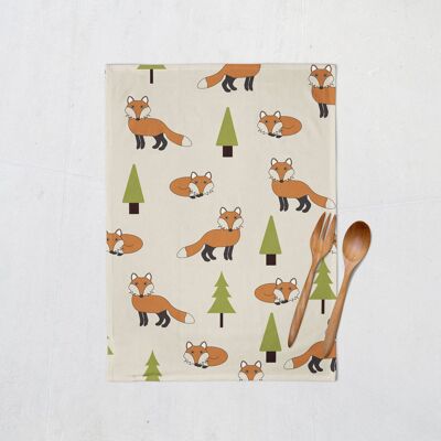 Cream Tea Towel with a Foxes Design, Dish Towel, Kitchen Towel