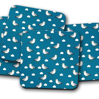 Dark Blue Coasters with a Seagulls Design, Table Decor Drinks Mat