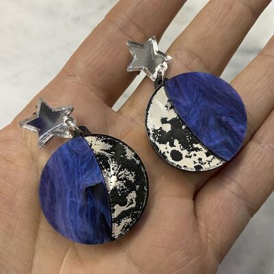 Moon Phase Dangle Studs - Silver & Navy