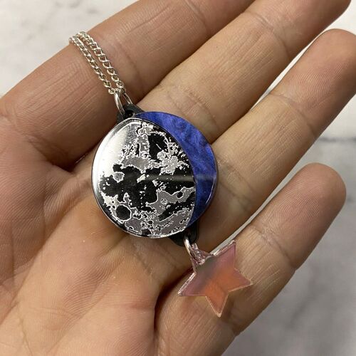 Moon Phase Pendant Necklace - Silver & Navy