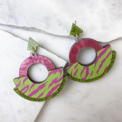 Wild Pink & Lime Tiger Print Round Statement Fan Earrings