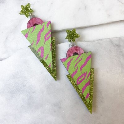 Boucles d'oreilles pendantes triangle à imprimé tigre rose sauvage et citron vert
