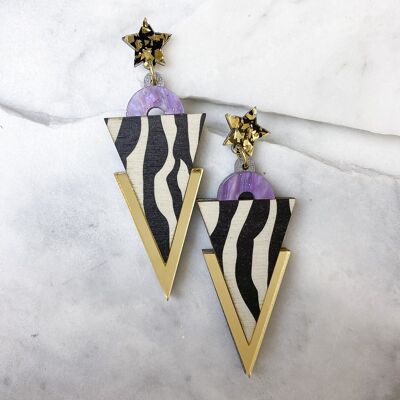 Boucles d'oreilles pendantes triangulaires à imprimé zébré or sauvage et lilas