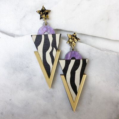 Wild Gold & Lilac Zebra Stripe Print Triangle Dangle Studs