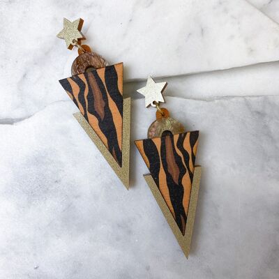 Wild Brown & Gold Tiger Stripe Print Triangle Dangle Studs