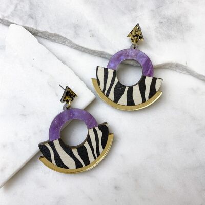 Wild Gold & Lilac Zebra Print Round Statement Fan Earrings