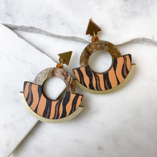 Wild Brown & Gold Tiger Print Round Statement Fan Earrings