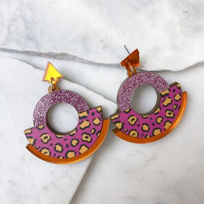 Wild Pink Leopard Print Round Statement Fan Earrings