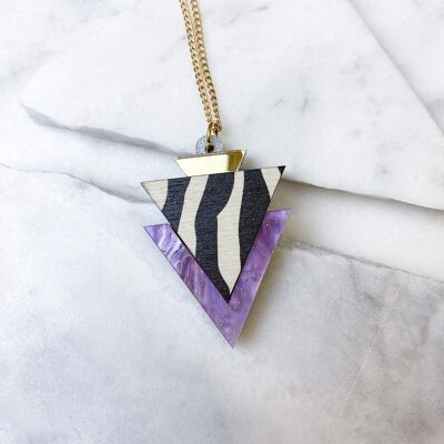 Collier pendentif triangle imprimé zèbre or sauvage et lilas