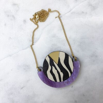 Wild Gold & Lilac Zebra Print Round Pendant Necklace