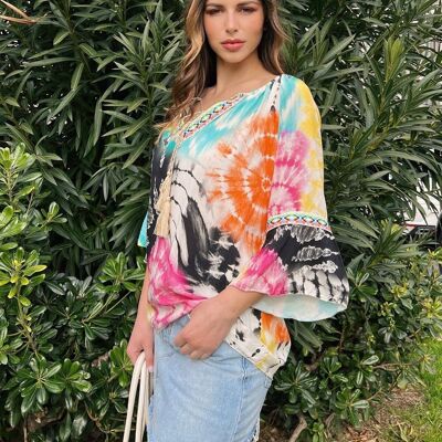 Blusa con scollo a V stampa tie and dye e cordino