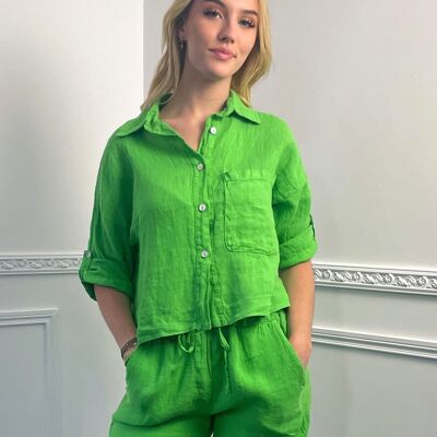 Short green linen shirt
